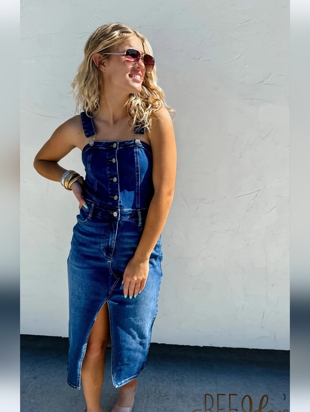 Denim Blue Women’s Jeans Overall Dress with Front Slit